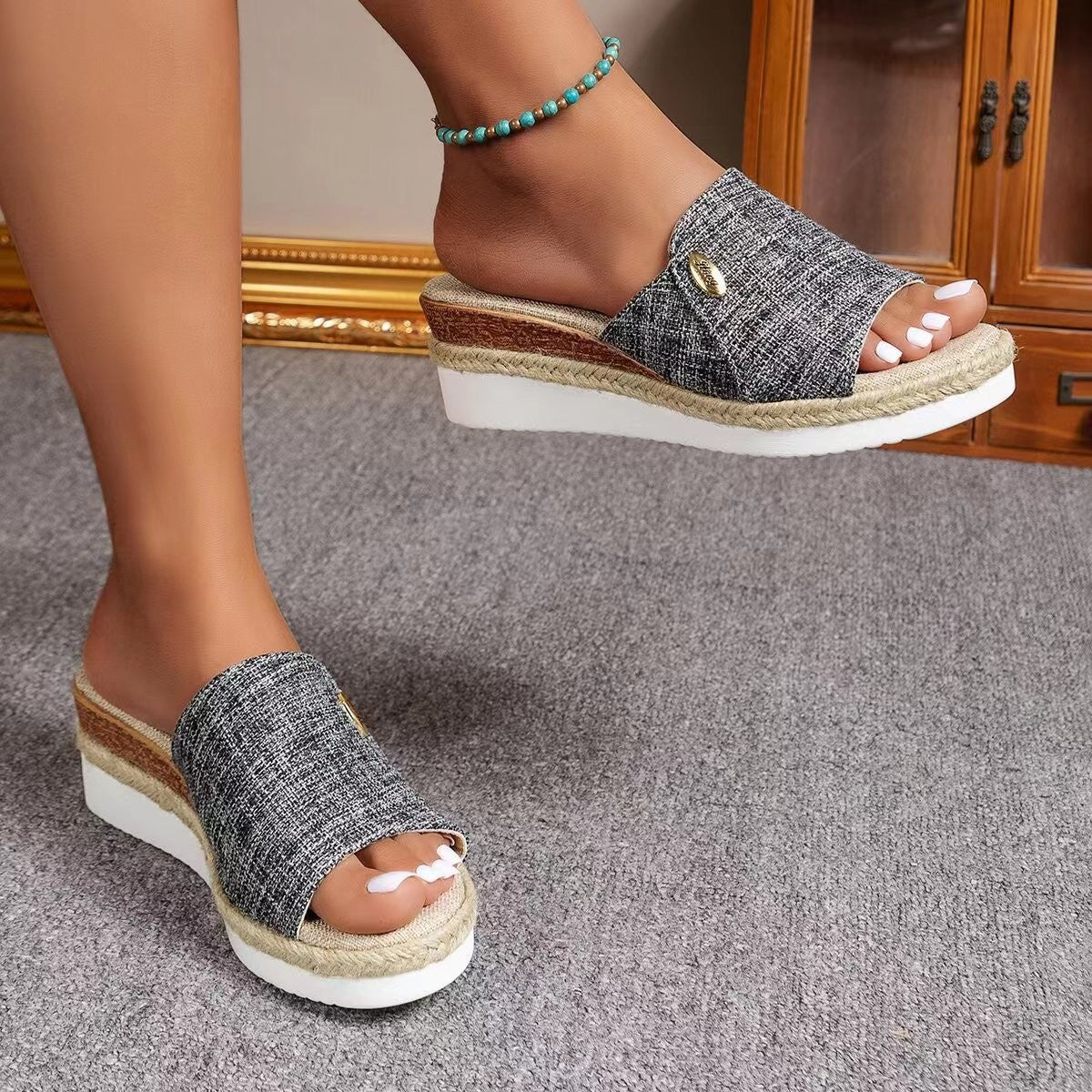 Sandales compensées en toile denim
