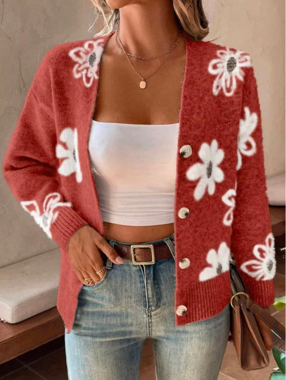 Cardigan boutonné à imprimé floral