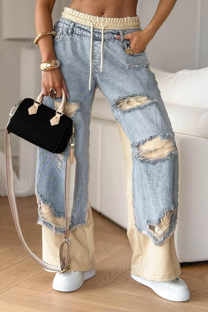 Pantalon en denim patchwork à taille élastique.