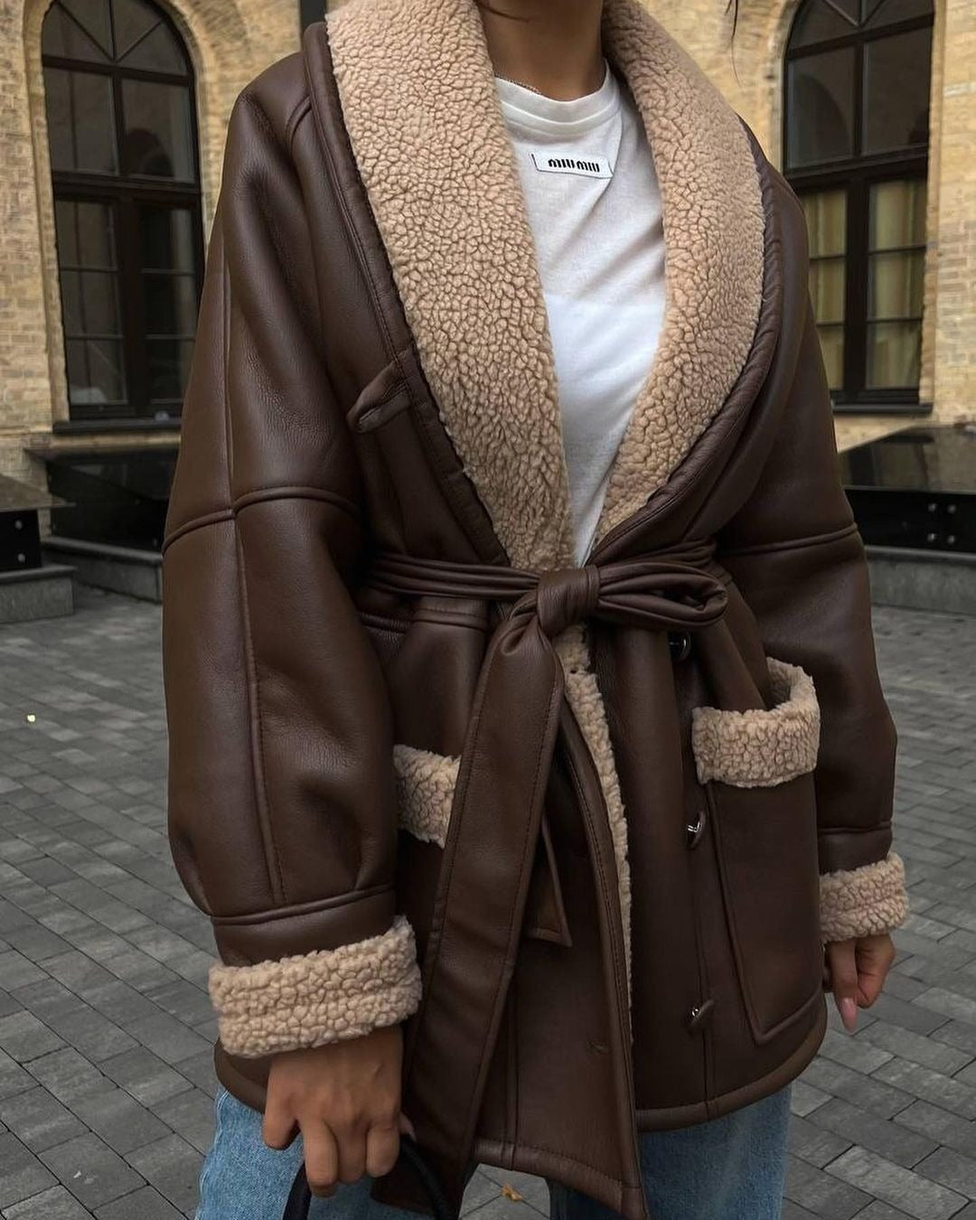 Manteau long en cuir et fourrure style coréen