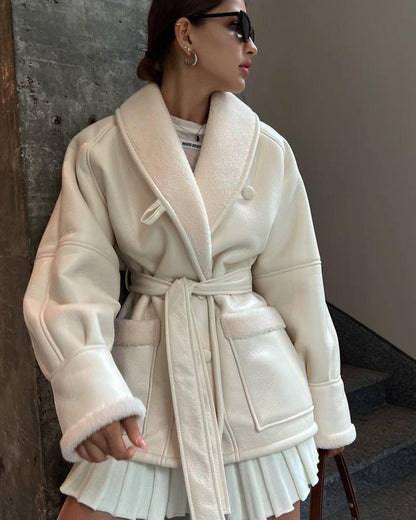 Manteau long en cuir et fourrure style coréen