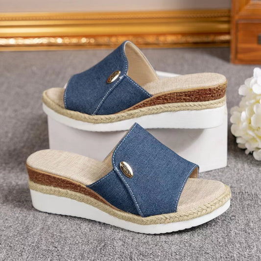 Sandales compensées en toile denim