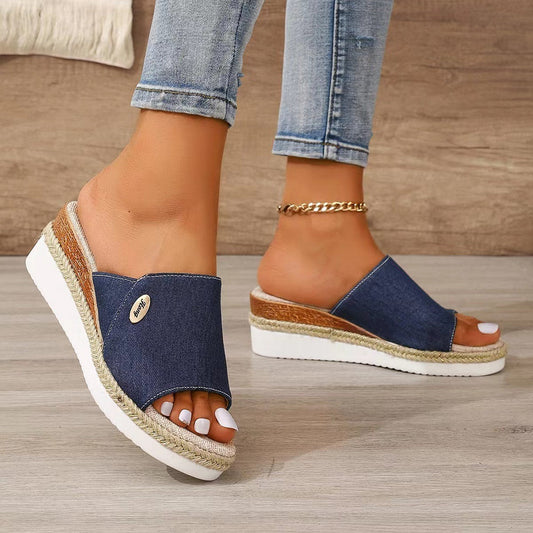 Sandales compensées en toile denim